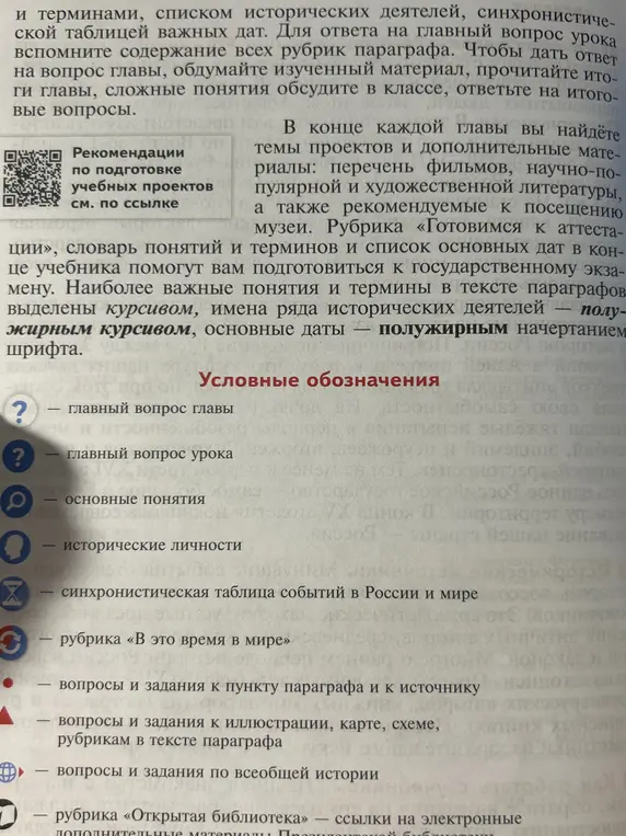 Объясни, что обозначают условные обозначения в учебнике истории
