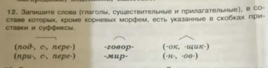 Предложи слова, в составе которых, кроме корневых морфем, есть указанные в скобках приставки и суффиксы
