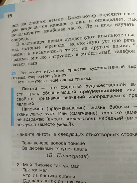Объясни, в каких строках стихотворений есть литоты
