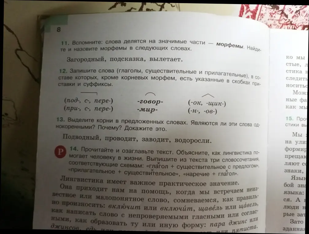 Выполни задание: найди морфемы в словах 'Загородный', 'Подсказка', 'Вылетает'