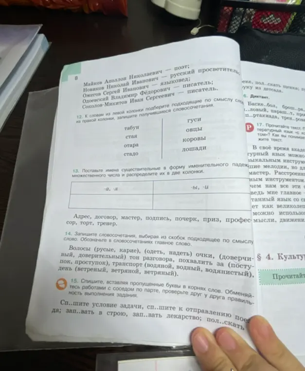 Предлагаешь подобрать подходящие слова к словам из левой колонки, записать получившиеся словосочетания; поставить имена существительные в форму множественного числа и распределить их в две колонки; записать словосочетания, выбирая из скобок подходящее по смыслу слово; списать, вставляя пропущенные буквы в корнях слов.