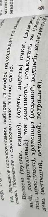 Помоги записать словосочетания, выбирая из скобок подходящее по смыслу, и обозначить в словосочетаниях главное слово.