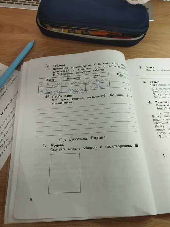 Заполни таблицу, сравни произведение Ушинского и Пескова. Что такое Родина?