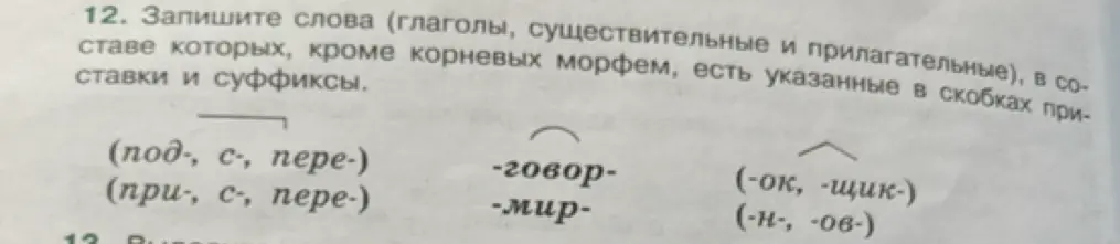 Предложи слова, в составе которых, кроме корневых морфем, есть указанные в скобках приставки и суффиксы