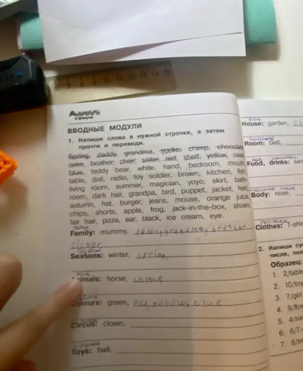 Напиши слова в нужной строчке, а затем прочти и переведи