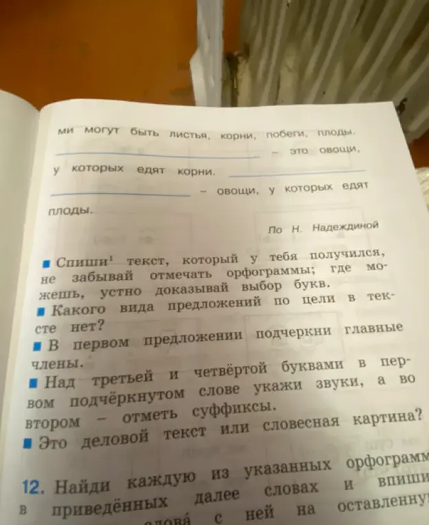 Обозначь границы предложений и реши, названия каких овощей нужны в двух последних предложениях. Также определи вид предложений по цели в тексте, подчеркни главные члены в первом предложении и укажи звуки и суффиксы в словах.