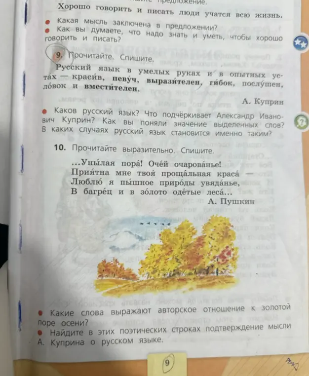 Спиши текст под номером 9 и ответь на вопросы к стихотворению под номером 10