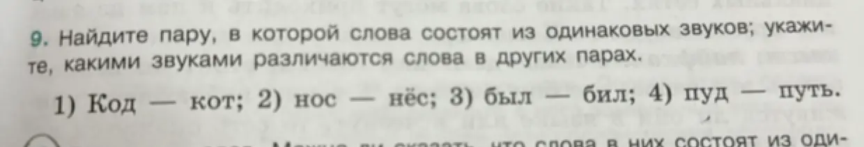 Найди пару, в которой слова состоят из одинаковых звуков: 1) Код - кот