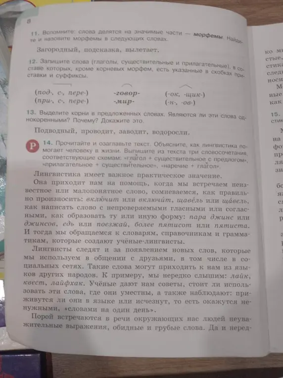 Выполни задания 11-14: вспомни, на какие значимые части делятся слова и назови морфемы; запиши слова с приставками и суффиксами; выдели корни; прочитай и озаглавь текст.