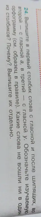Выпиши в первый столбик слова с гласной и после шипящих, во второй – с гласной а, в третий – с гласной у.