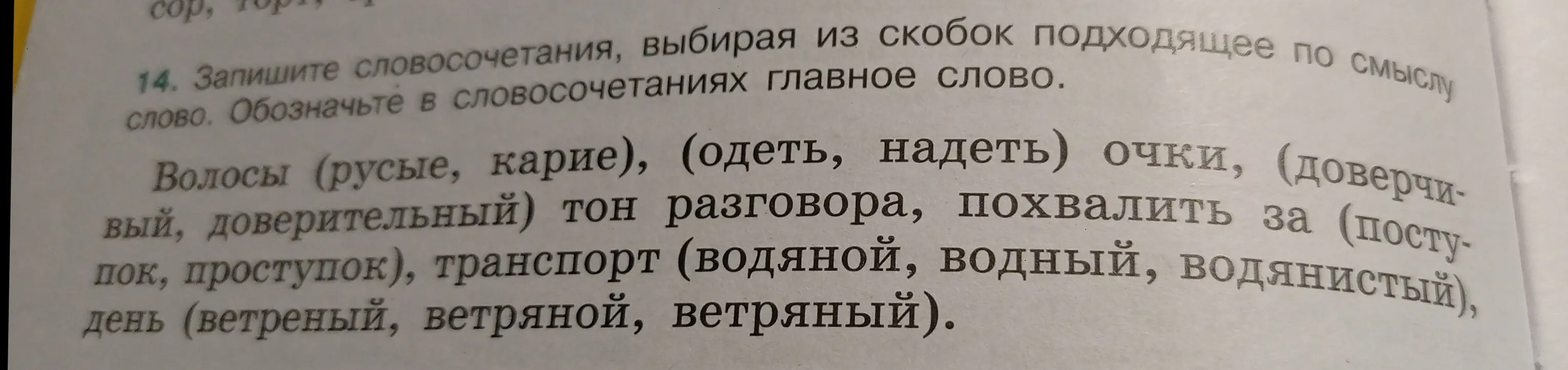 Выбери подходящее по смыслу слово и запиши словосочетания, обозначая в словосочетаниях главное слово. Пример: волосы (русые, карие)