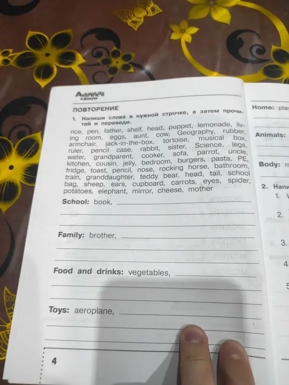 Напиши слова в нужной строчке, а затем прочитай и переведи