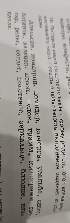 Помоги поставить имена существительные в форму родительного падежа множественного числа: апельсин, мандарин и др.