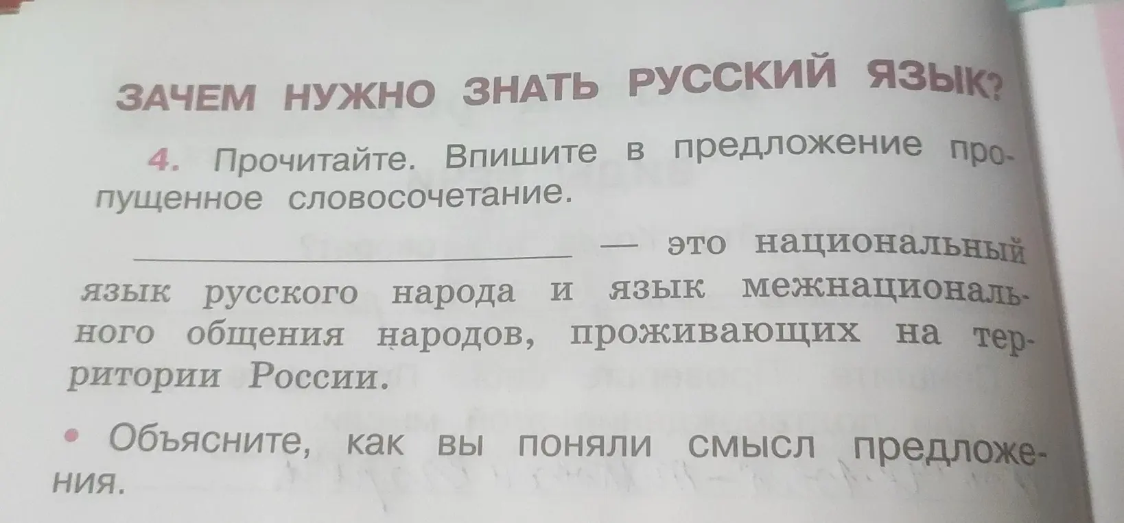 Предложи вставить пропущенное словосочетание в предложении и объясни смысл предложения.