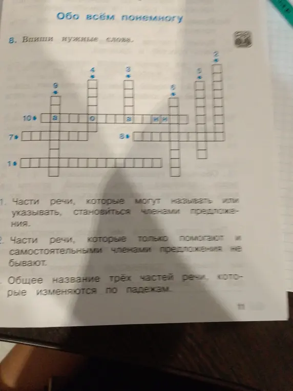 Помоги мне заполнить кроссворд, вопрос 1: 'Части речи, которые могут называть или указывать, становиться членами предложения'
