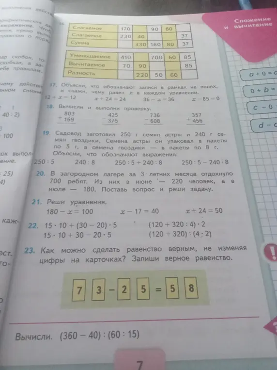 Объясни, что обозначают записи в рамках на полях, и скажи, чему равен х в каждом уравнении 12 + х = 12