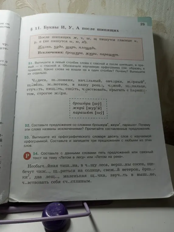 Выпиши в левый столбик слова с гласной а, обозначь изучаемую орфограмму; Составь предложения со словами брошюра, жюри, парашют; Выпиши десять слов с изучаемой орфограммой и составь три предложения с этими словами; Составь пять предложений или связный текст на тему «Летом в лесу» или «Летом на реке».