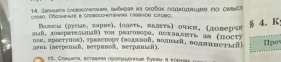 Помоги записать словосочетания, выбирая из скобок подходящее по смыслу слово и обозначить главное слово в задании под номером 14
