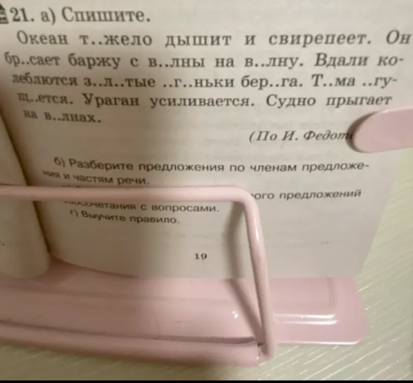 Помоги с упражнением 21 на странице 19: спиши текст и разбери предложения по членам предложения и частям речи