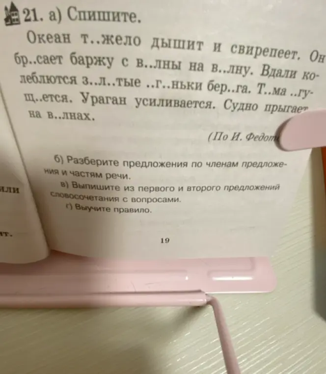Выполни упражнение 21 на странице 19: спиши текст, вставляя пропущенные буквы; разбери предложения по членам и частям речи; выпиши из первого и второго предложений словосочетания с вопросами.