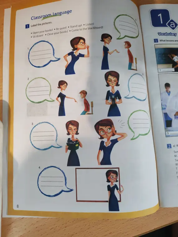 Подпиши картинки: Open your books!, Be quiet!, Stand up!, Listen!, Sit down!, Close your books!, Come to the blackboard!