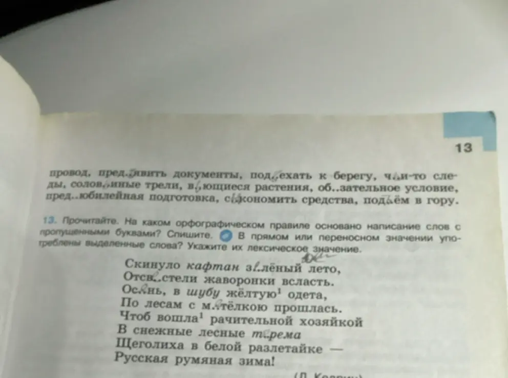 Объясни орфографическое правило в словах с пропущенными буквами, укажи, какие буквы нужно вставить и определи лексическое значение выделенных слов в упражнении 13