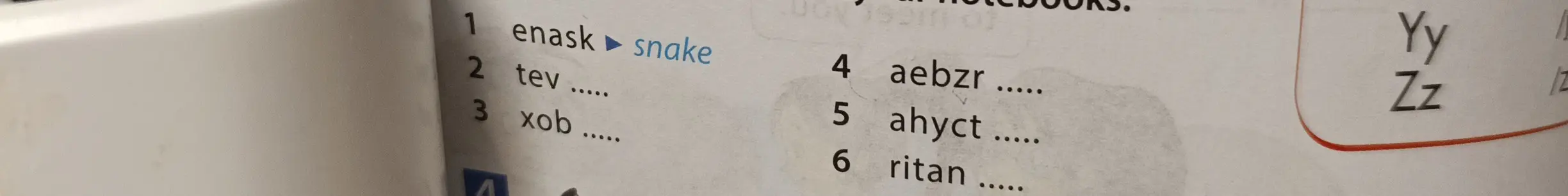 Помоги составить слова из букв в задании по английскому языку: enask -> snake