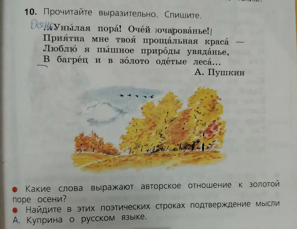 Какие слова выражают авторское отношение к золотой поре осени?