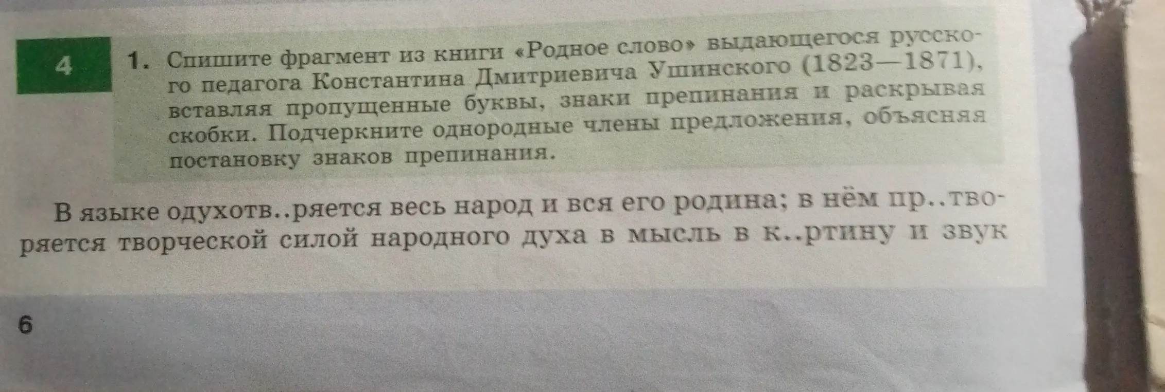 Ты просишь списать фрагмент из книги «Родное слово», вставляя пропущенные буквы, знаки препинания и раскрывая скобки, подчеркнуть однородные члены предложения, объясняя постановку знаков препинания.