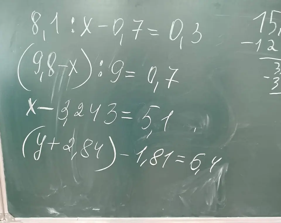 Ты просишь решить уравнения: 8,1 : x - 9,7 = 0,3, (9,8-x):9= 0,7, X-3243=5,1, (Y+2,84)-1,81=6,4