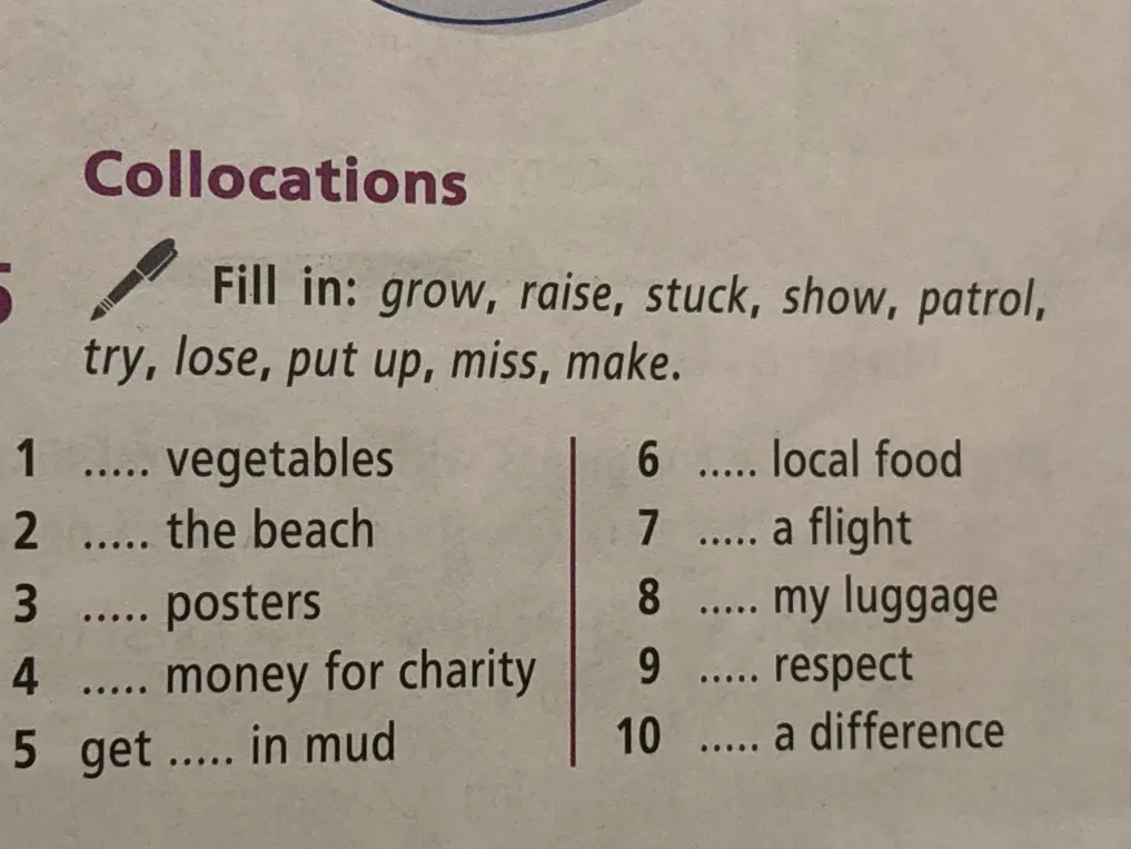 Помоги заполнить пропуски словами: grow, raise, stuck, show, patrol, try, lose, put up, miss, make в предложениях про овощи, пляж, плакаты и т.д.