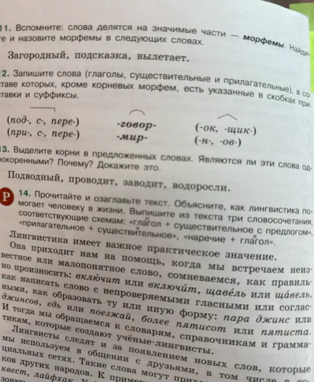 Вспомни, что слова делятся на значимые части и назови морфемы в словах: загородный, подсказка, вылетает