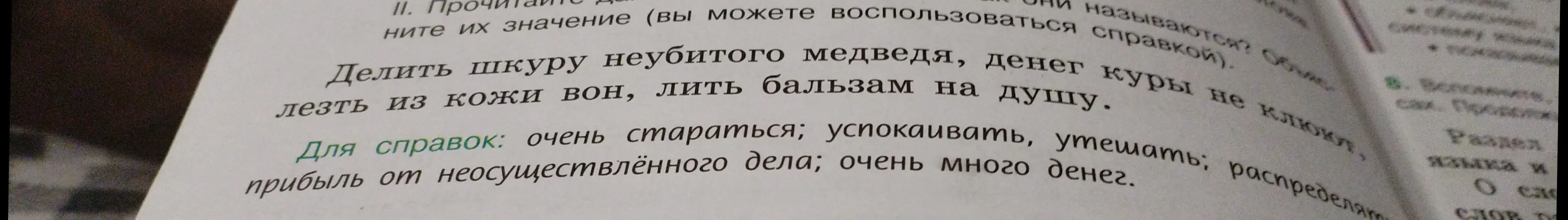 Объясни значение фразеологизмов: "делить шкуру неубитого медведя", "лезть из кожи вон", "денег куры не клюют", "лить бальзам на душу".
