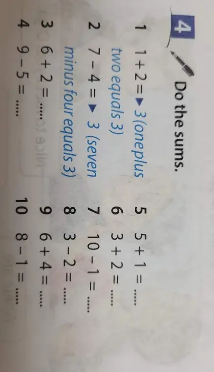 Помоги решить примеры: 5 + 1 = ...., 3 + 2 = ....., 10-1= ....., 3-2 = ....., 6 + 4 = ....., 8-1 = .....