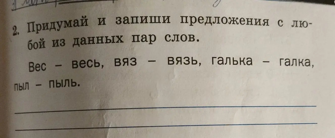 Сочини предложения с любой из данных пар слов: вес - весь, вяз - вязь, галька - галка, пыл - пыль.