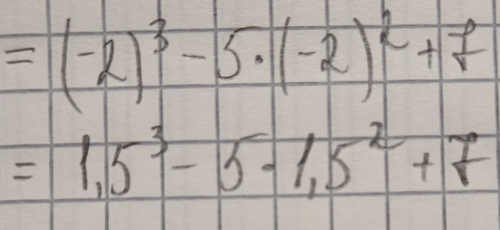 Вычисли значения выражений: (-2)³ - 5 * (-2)² + 7 и 1,5³ - 5 * 1,5² + 7