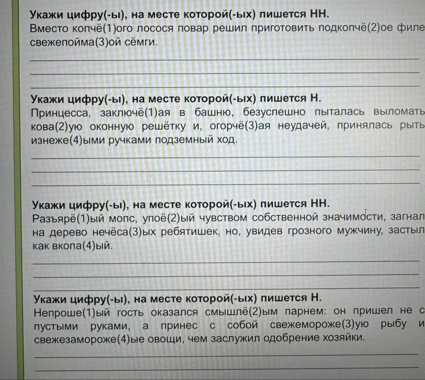 Укажи цифру, на месте которой пишется НН / Н в каждом из 4 заданий