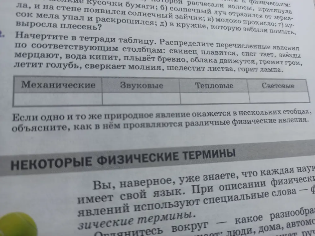Распредели перечисленные явления по соответствующим столбцам: свинец плавится, снег тает, звёзды мерцают, вода кипит...