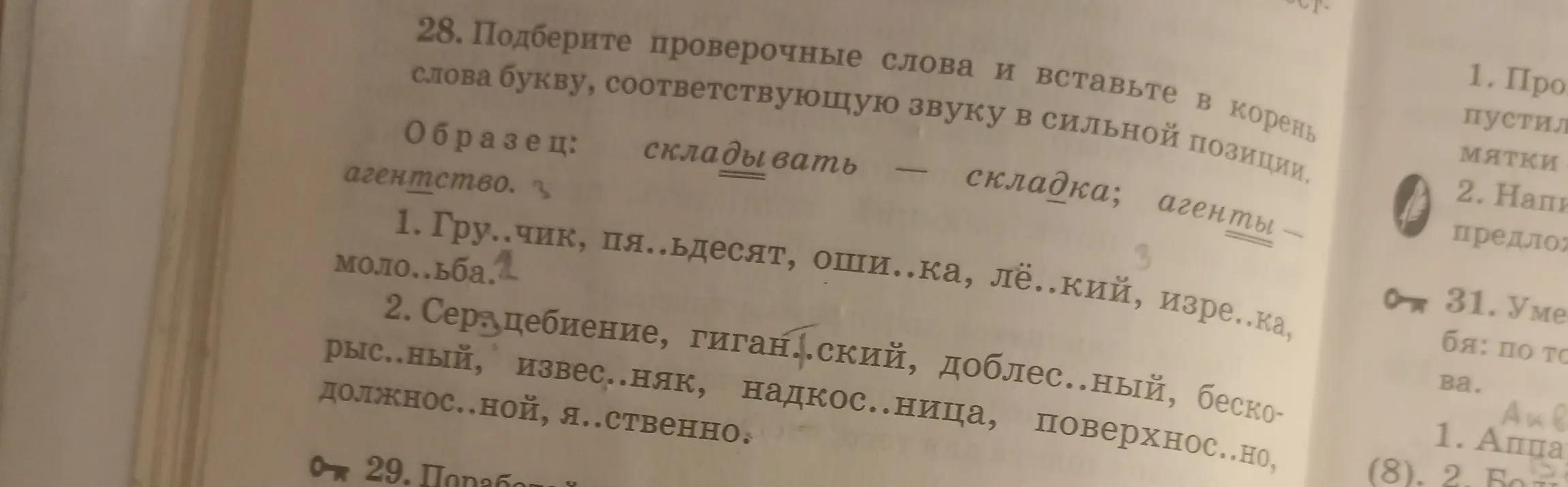Предложи проверочные слова и вставь в корень слова букву, соответствующую звуку в сильной позиции в словах: Гру...чик, пя...ьдесят, оши...ка, ле...кий, изре...ка, моло...ьба и Сердцебиение, гигант...ский, доблес..ный, беско-рыс..ный, извес..няк, надкос..ница, поверхнос..но, должнос..ной, я..ственно.