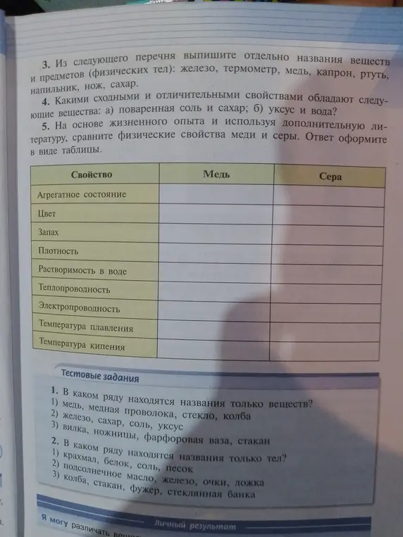 Выпиши названия веществ из перечня: железо, термометр, медь, капрон, ртуть, напильник, нож, сахар.