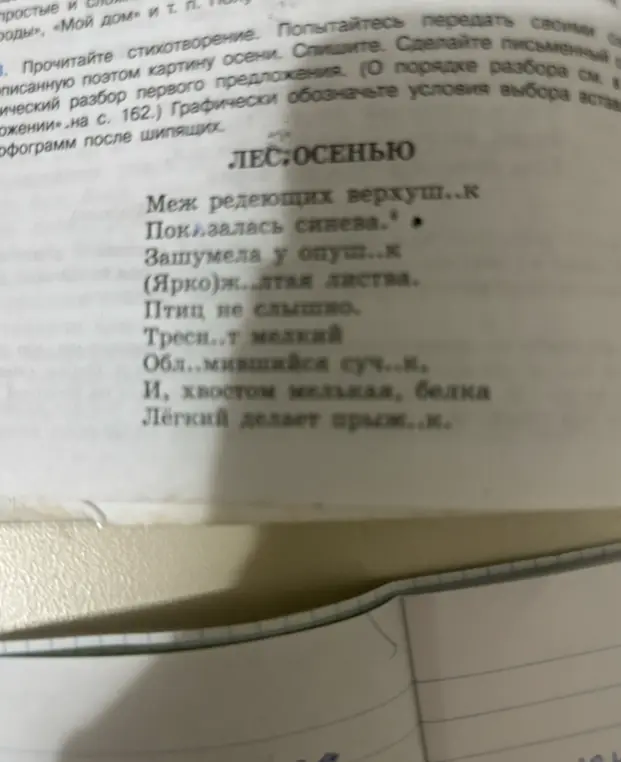 Помоги вставить пропущенные буквы в стихотворении 'Лес: Осенью'