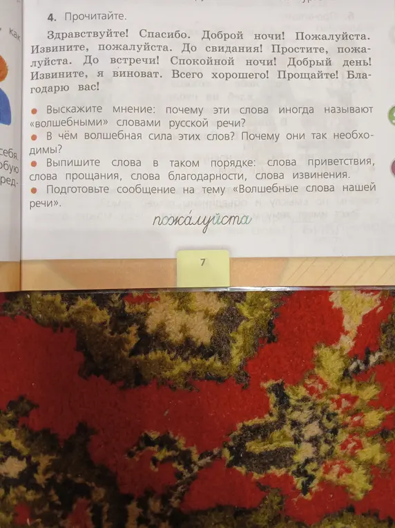 Раздели слова на группы: приветствия, прощания, благодарности и извинения