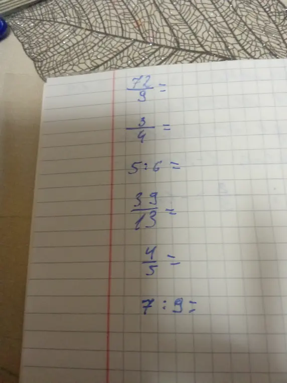 Вычисли значения выражений: 72/9, 3/4, 5:6, 39/13, 4/5, 7:9