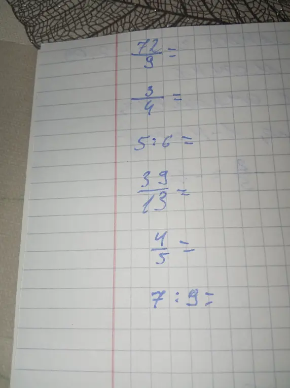 Реши примеры: 72/9, 3/4, 5:6, 39/13, 4/5, 7:9