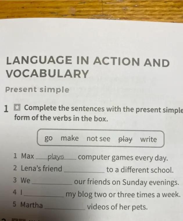 Заполни предложения, используя правильную форму глаголов: go, make, not see, play, write