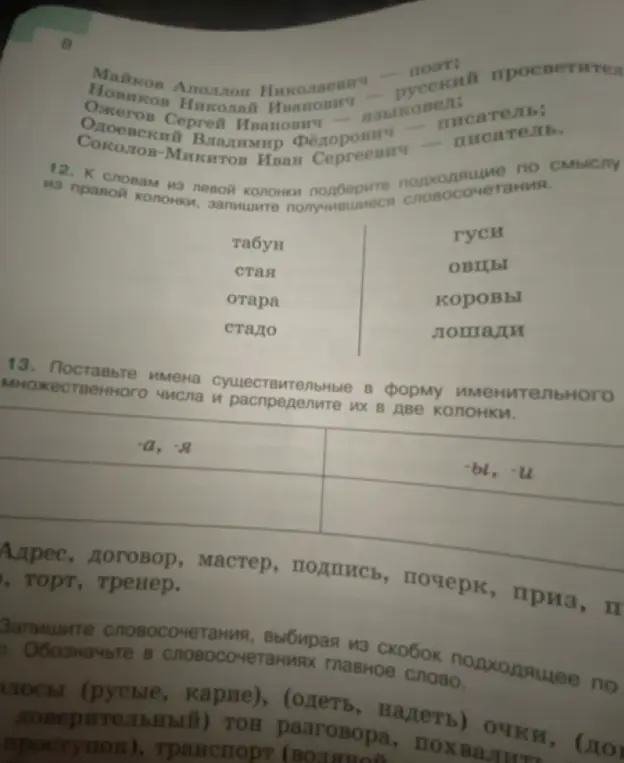 Ты просишь подобрать подходящие по смыслу слова и образовать словосочетания, а также поставить имена существительные во множественном числе и распределить их в две колонки.