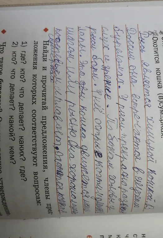 Найди и прочитай предложения, члены предложения которых соответствуют вопросам: 1) где? кто? что делает? каких? где?