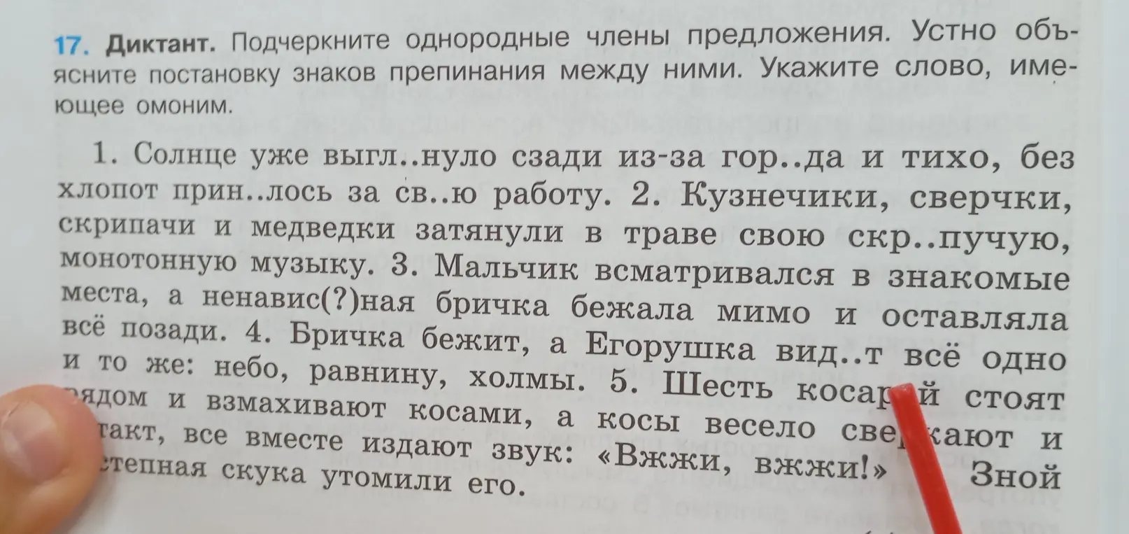 Можешь помочь подчеркнуть однородные члены предложения в диктанте, объяснить постановку знаков препинания между ними и указать слово, имеющее омоним?