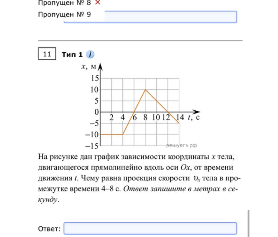 Чему равна проекция скорости тела в промежутке времени 4-8 с, если дан график зависимости координаты х тела от времени движения t?