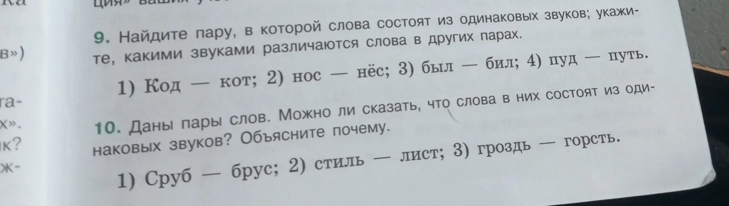Найди пару, в которой слова состоят из одинаковых звуков в задании 9